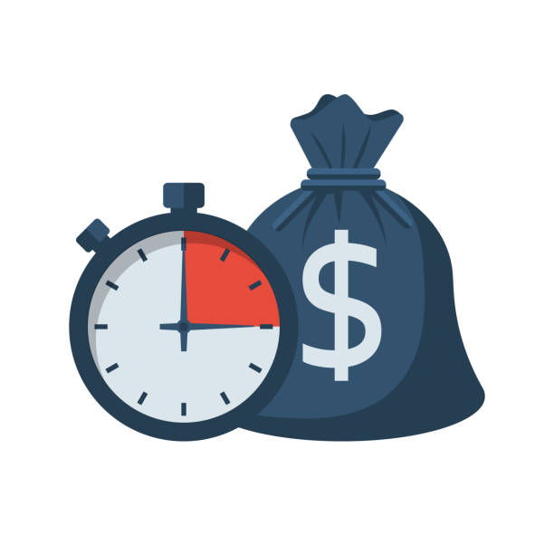 Quick credit. Fast money Quick credit. Fast money. Bag of money and stopwatch. Loan in a short time. Business and finance. Timely payment, financial solution. Vector illustration flat design. time and money stock illustrations
