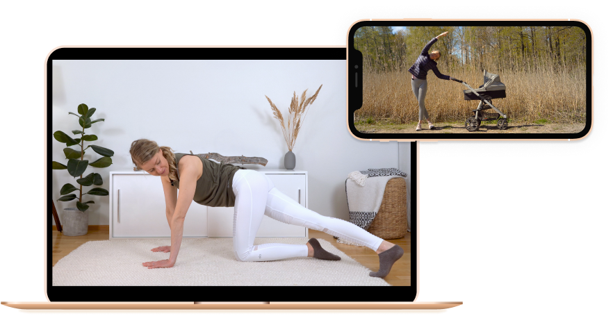 Tietokone ja puhelin joissa kuva verkkokurssin ohjaajasta tekemässä Pilates liikettä