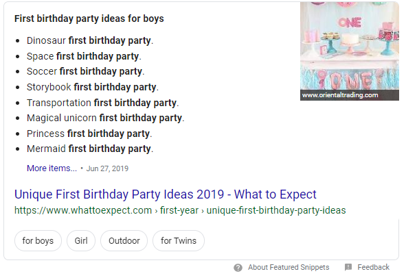 Example of a list form featured snippet (quick answer/answer box)