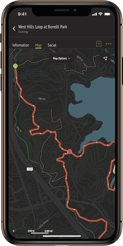 A screenshot of the West Hills Loop at Bonelli Park Outing in OuterSpatial iOS, with the Outing directionality arrows visible.