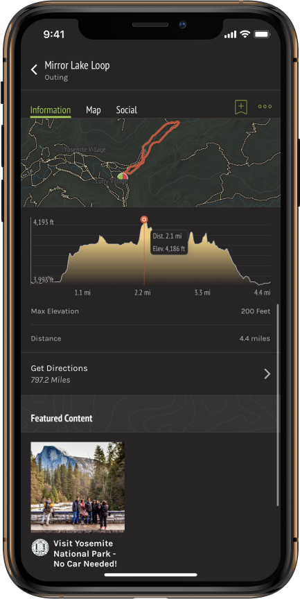 A screenshot of the Mirror Lake Loop Outing in OuterSpatial iOS, with the elevation profile active.