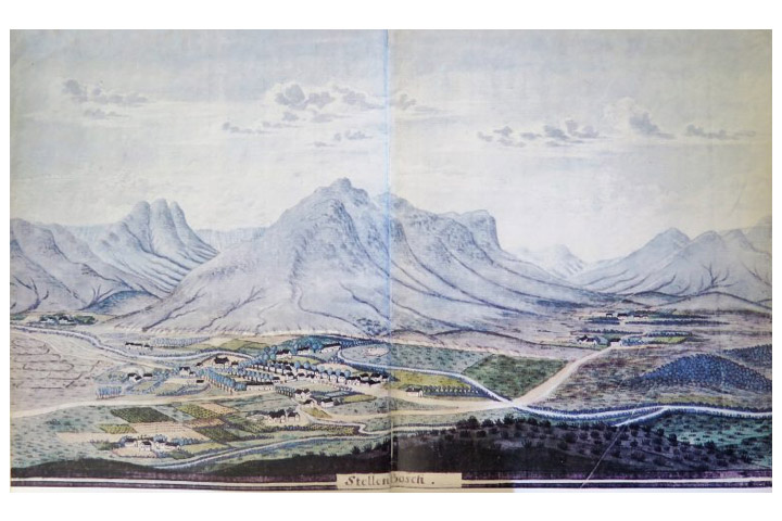 Stellenbosch in die tyd van die Tweede Generasie: akwarel deur Schumacher in 1776
