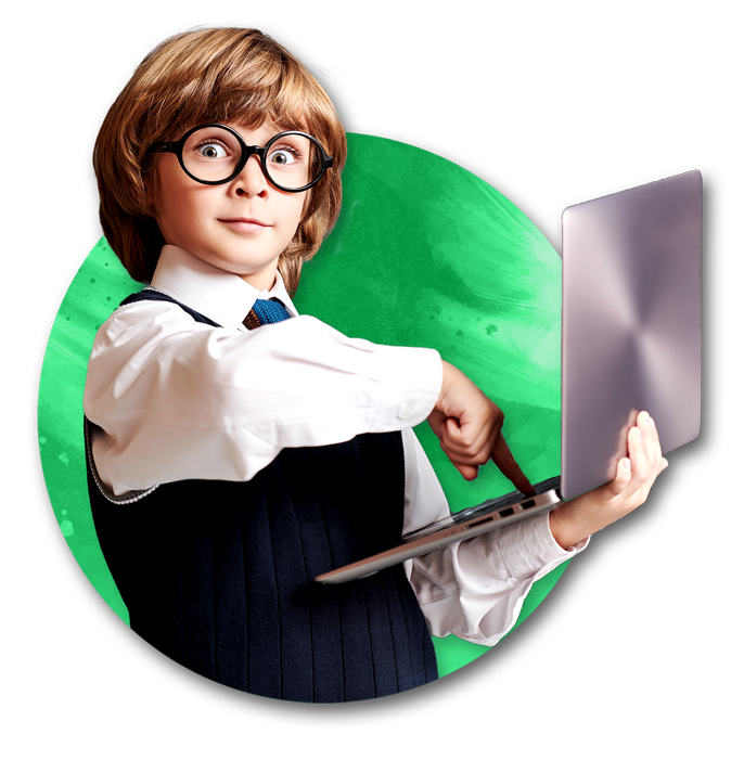 Young private school boy in school uniform holding computer while making a goofy face