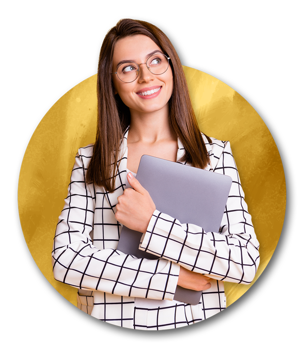 Woman holding laptop looking up and away