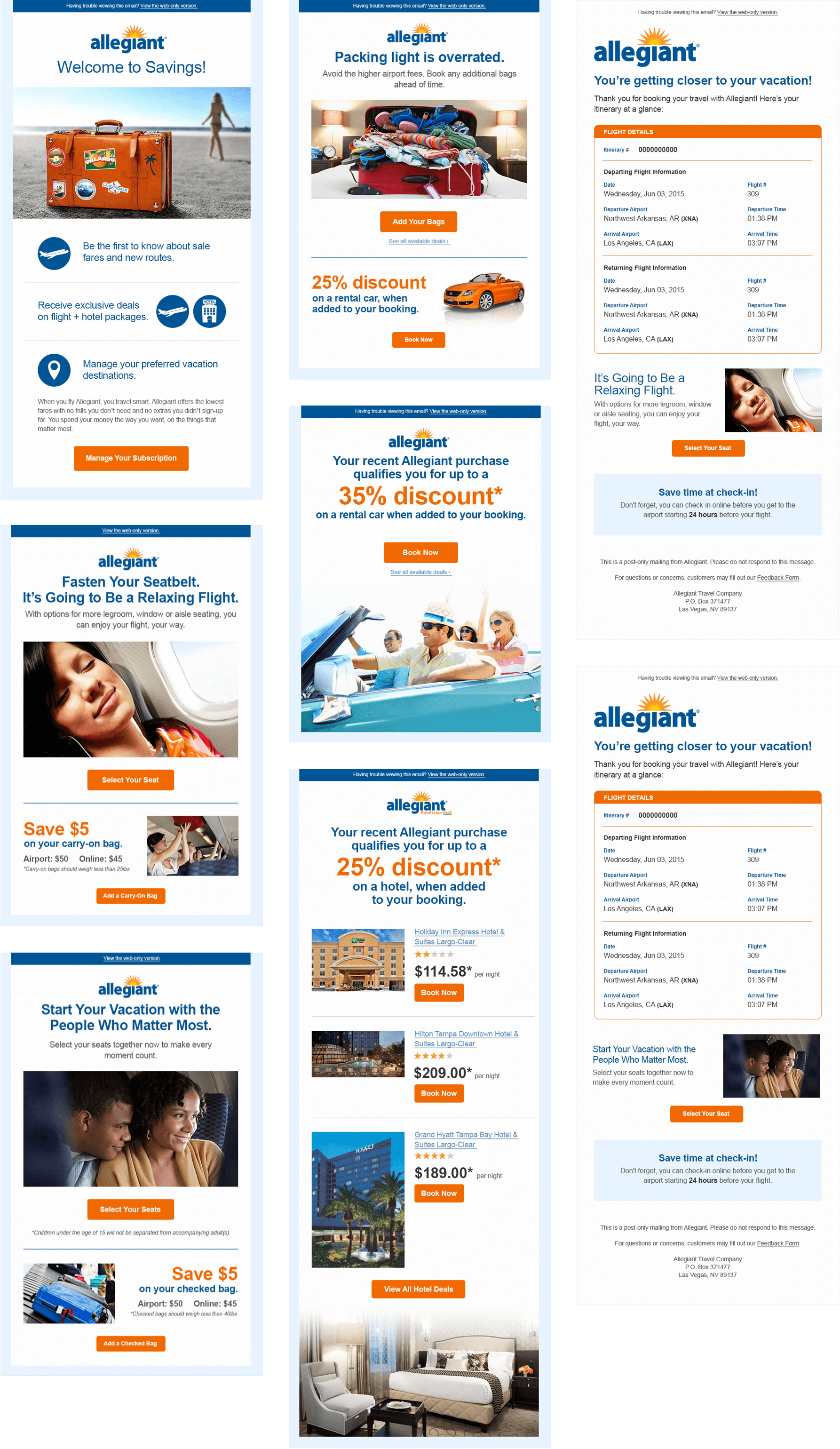 Examples of personalized email touchpoints leading up to a flight.