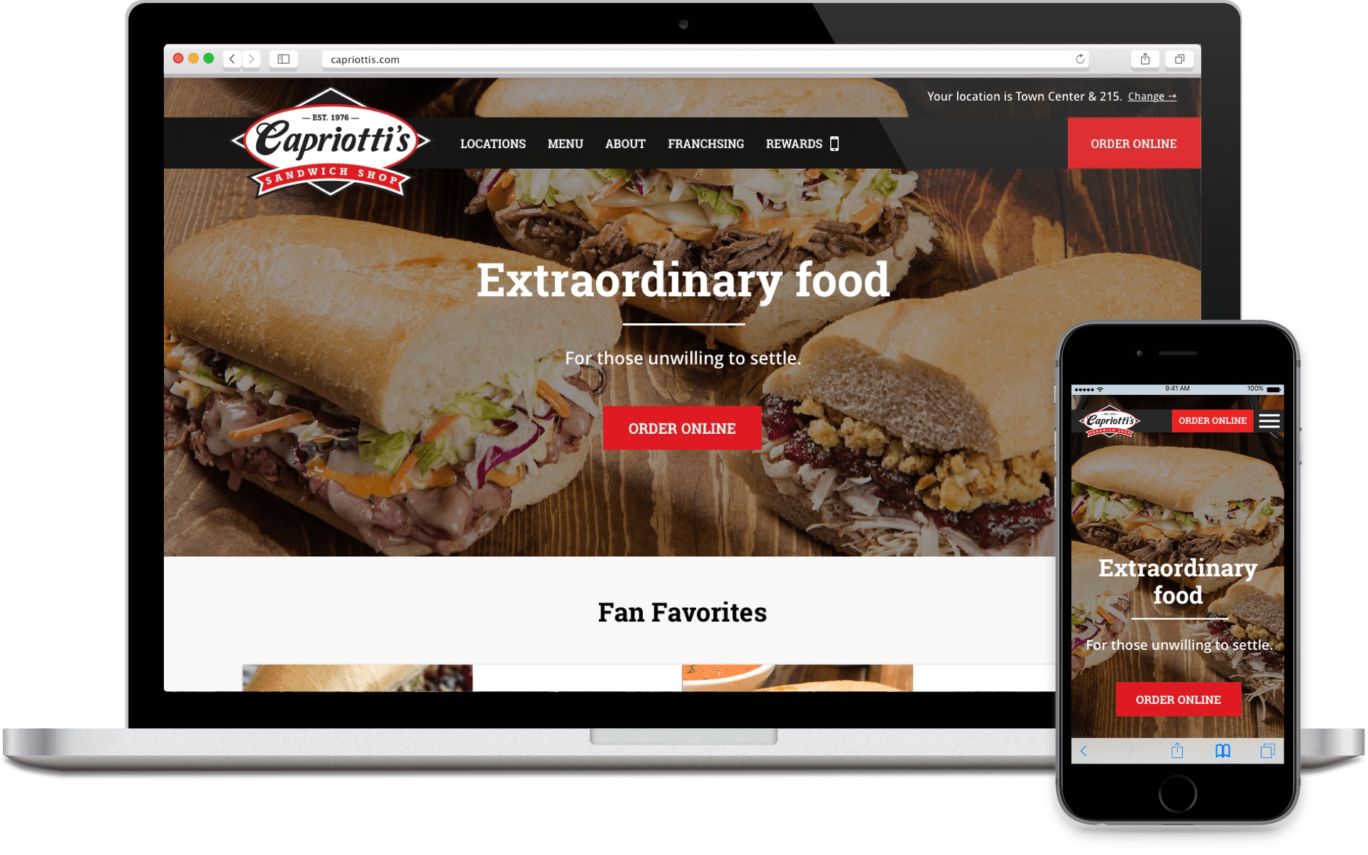 Responsive mockups of the Capriotti's homepage