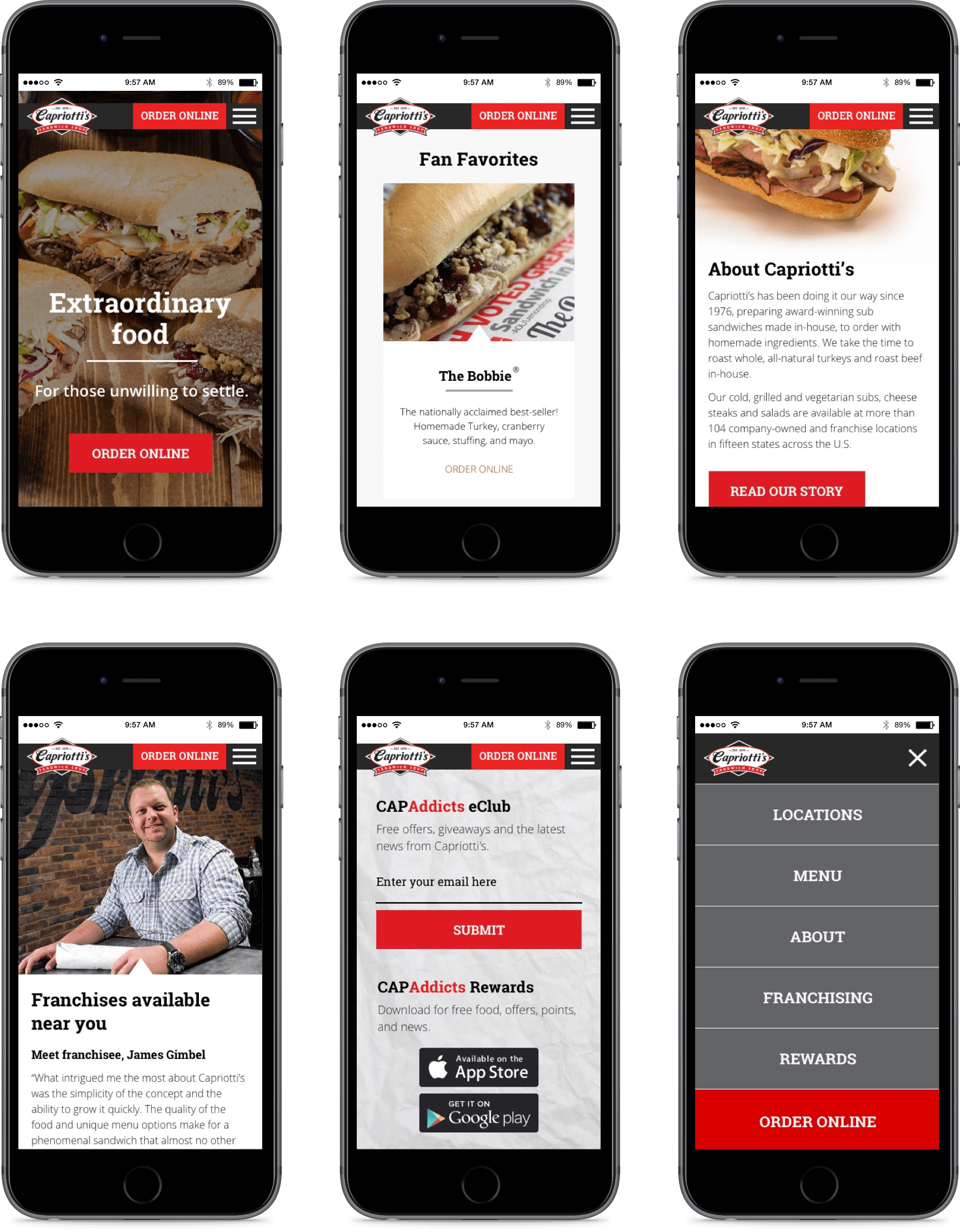 Mobile mockups of the homepage using an iPhone 6s.