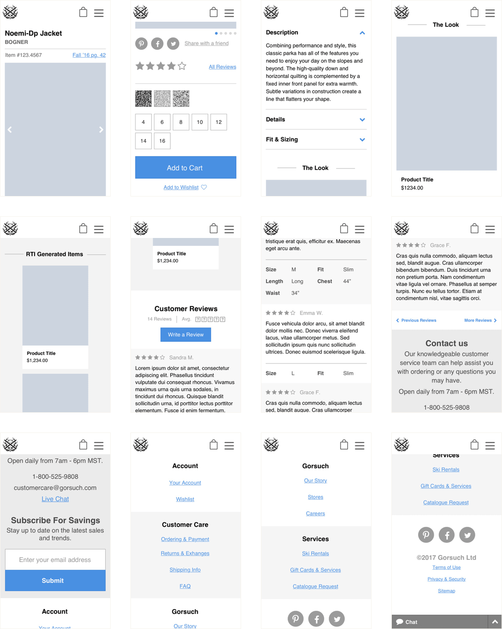 Mobile wireframes showing the layout of the product page.