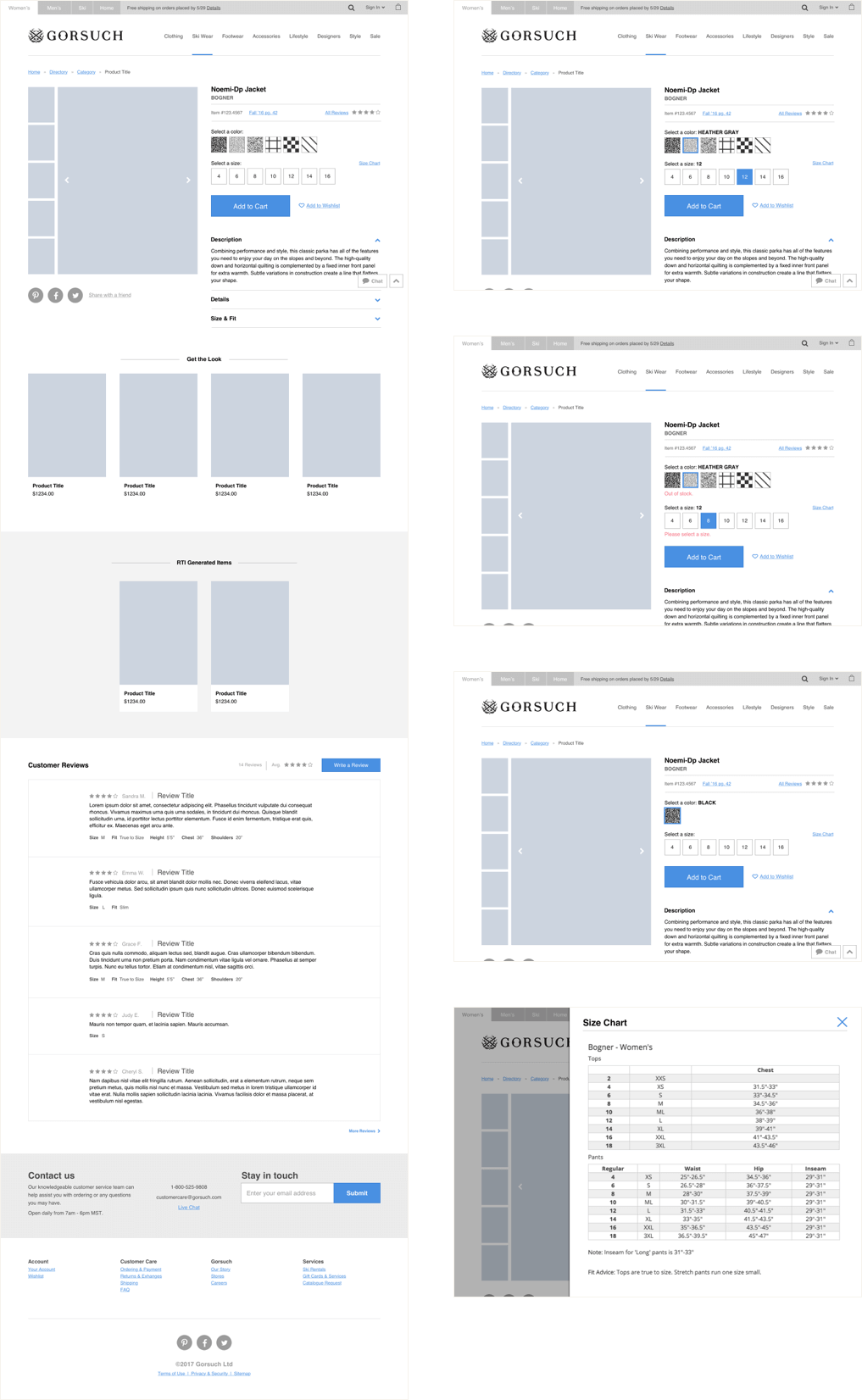 Desktop wireframe showing the layout of the product page.