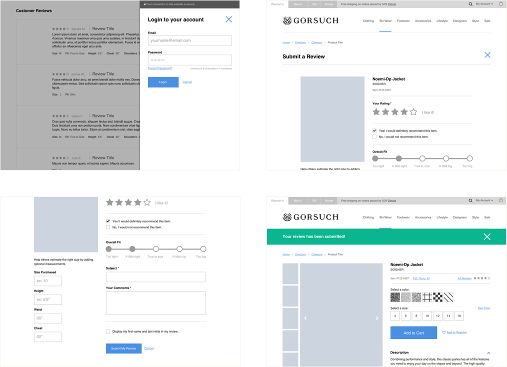 Desktop wireframes showing the review user flow.