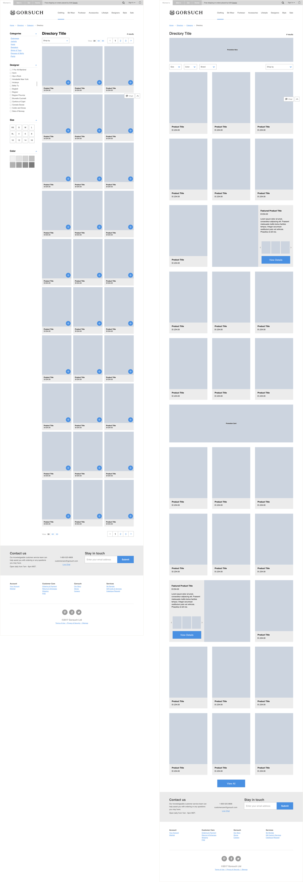 Wireframes showing the layout differences between the first and last iteration of the product directory page.