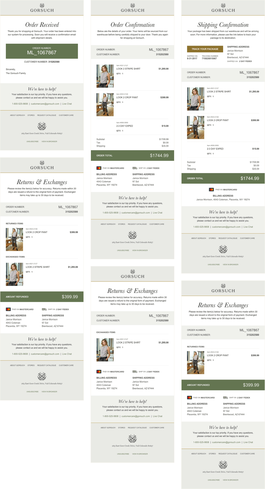 Transactional emails showing the order lifecycle.