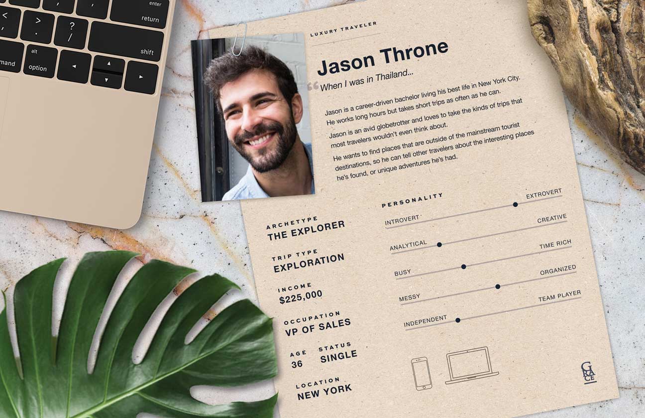 Poster describing Jason, the Explorer archetype, showing his work laptop.