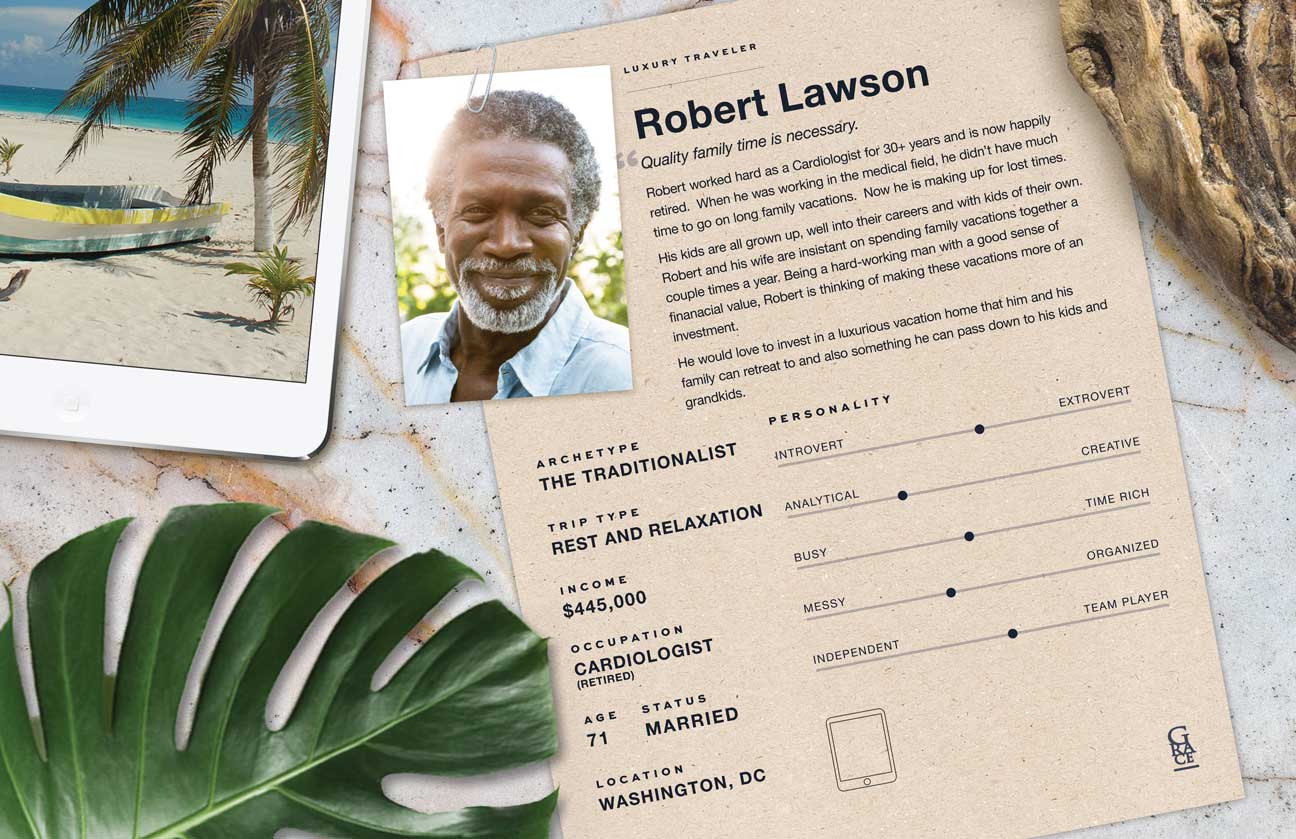 Poster describing Robert, the Traditionalist archetype, showing his iPad with a photo his fishing boat.