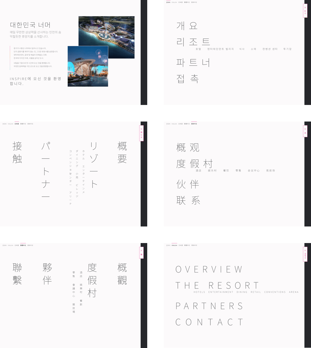 Examples of the menu layout in 5 languages.