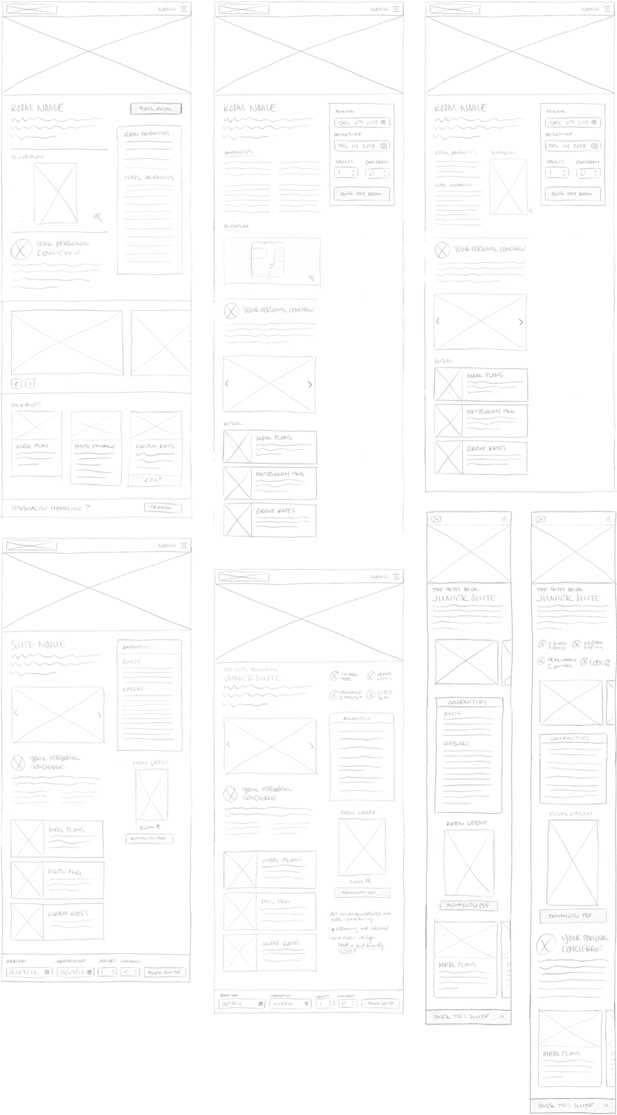 Multiple iterations of a room page layout, as pencil sketches..