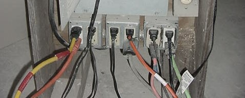 Common temporary set-up of an electrical panel with GFCI outlets found on a construction site.