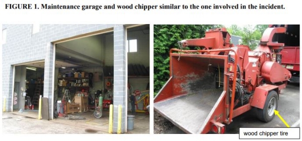 Maintenance garage and wood chipper similar to the one involved in the incident.