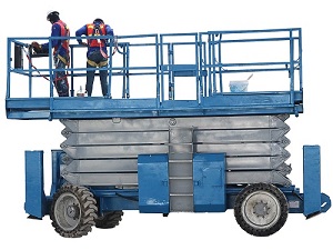 Lowered Scissor Lift With Two Painters Wearing Fall Protection