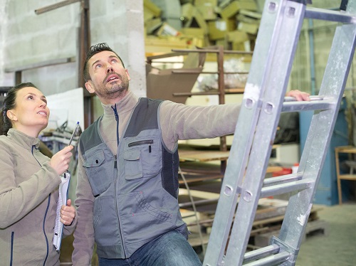Two Workers Inspecting Extension Ladder