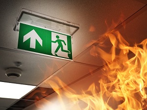 Fire in Office Building, Exit Sign Visible