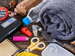 Items that you might pack in an emergency kit like a blanket, water and medicine.