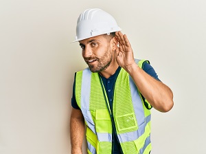 Construction worker indicating that he can't hear you.