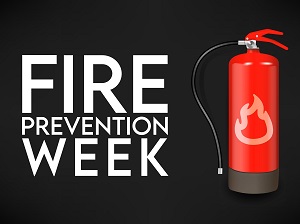 Fire Prevention Week banner with the image of a fire extinguisher.