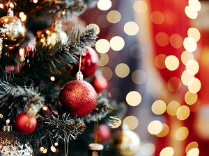 A close up view of a Christmas tree with ornaments hanging on it.