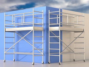Two mobile scaffolds set against a blue wall.