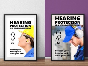 Two different safety posters that say Hearing Protection is a Sound Investment.