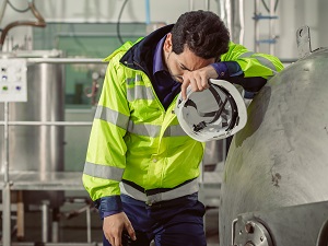 A very tired worker wearing a safety jacket.