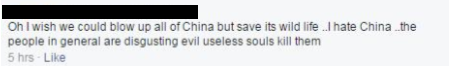 Violent comments against Asians, such as this one from the author's facebook wall, are routine.