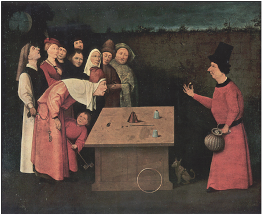 The Conjurer by Hieronymus Bosch. While a magician performs, pickpockets steal the audience's belongings.