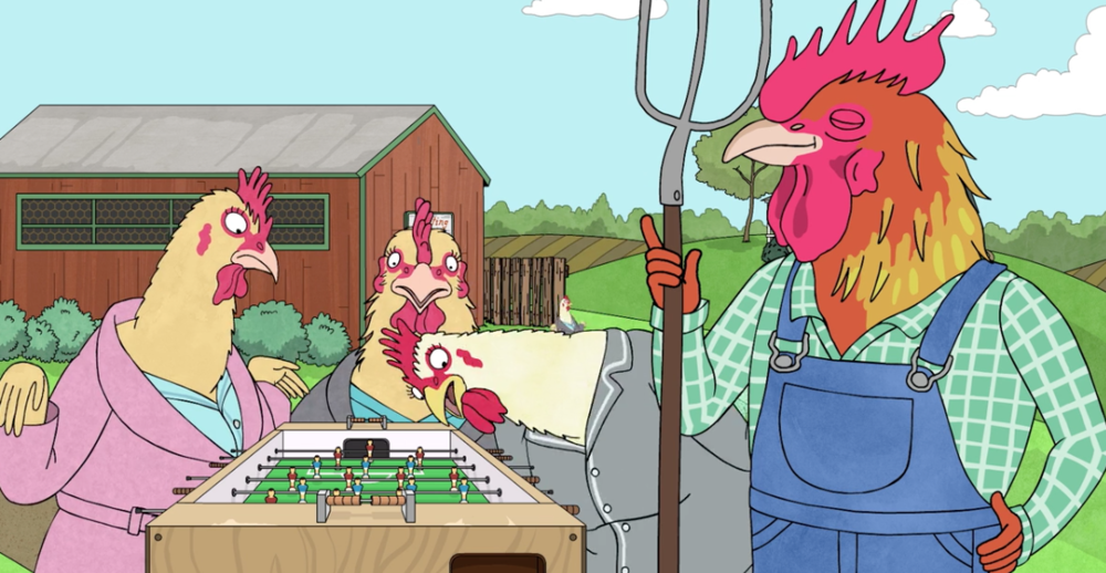 Enslaved hens attempting to play foosball while the proud