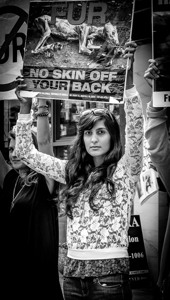 Fur protester in black and white