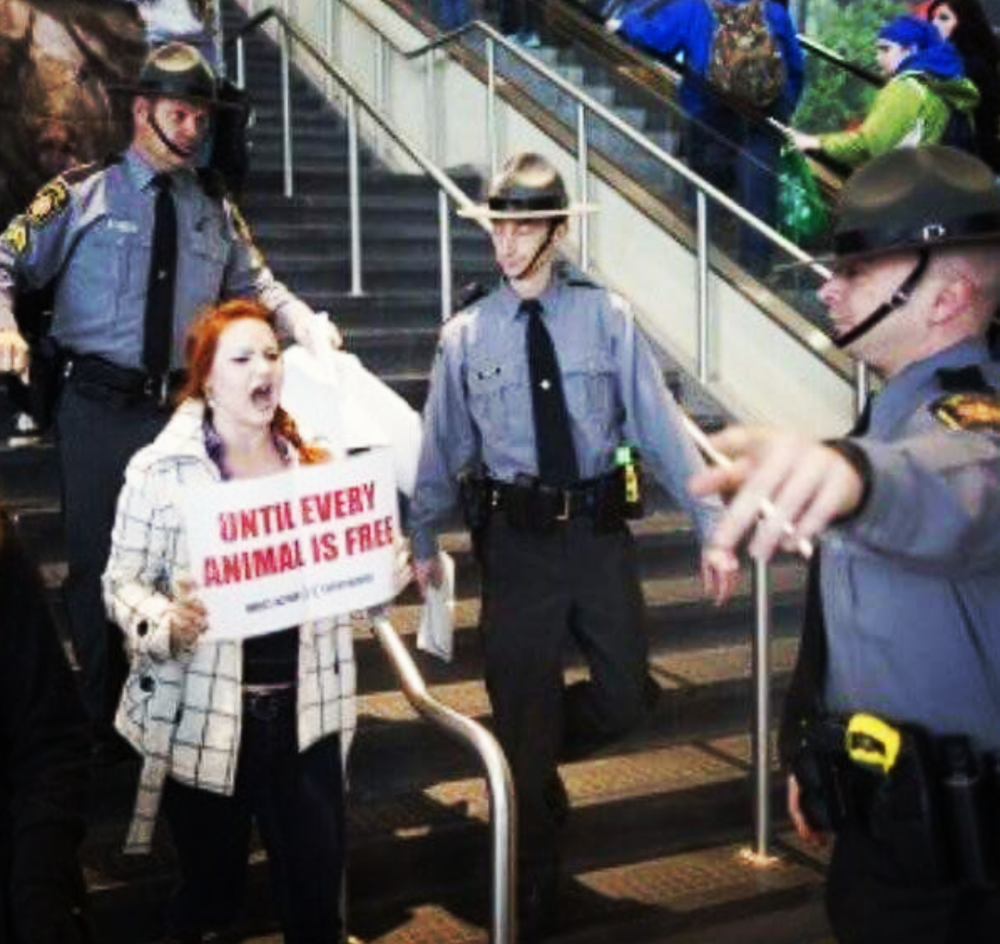 Activist Rachel Ziegler, surrounded by police, demonstrates powerfully at the Pennsylvania Farm Show.