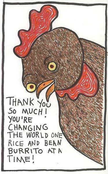 A drawing by Leslie with a chicken saying