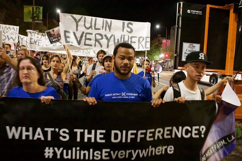 Activists Diane Sorbi, A.J. Hill, and Raymundo Maldonado lead a march through downtown Berkeley.