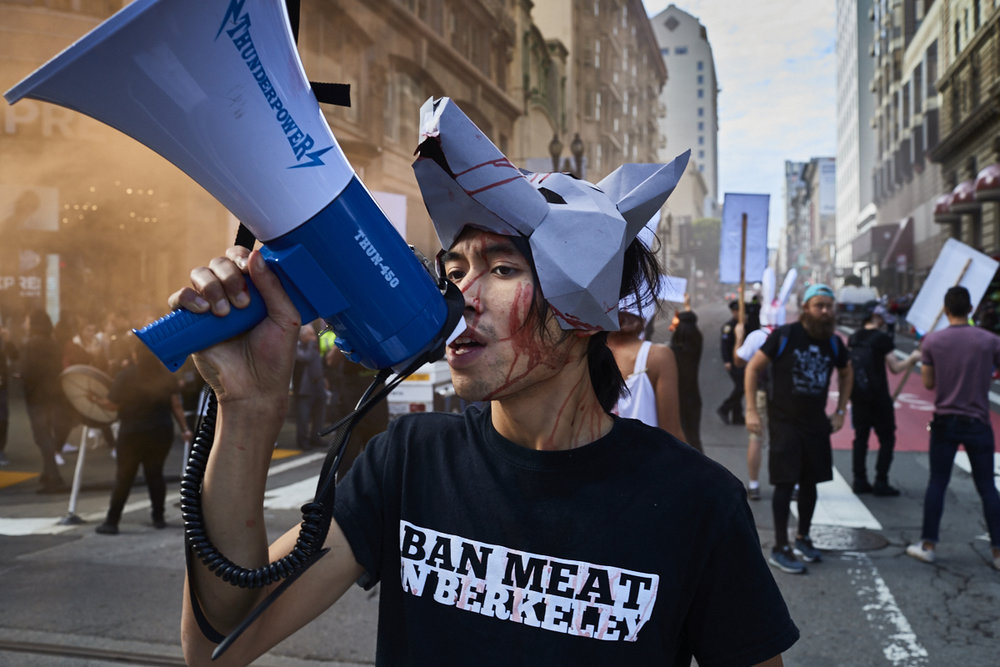 DxE activist Amine Mohamad at San Francisco march to ban fur. Photograph by Michael Goldberg