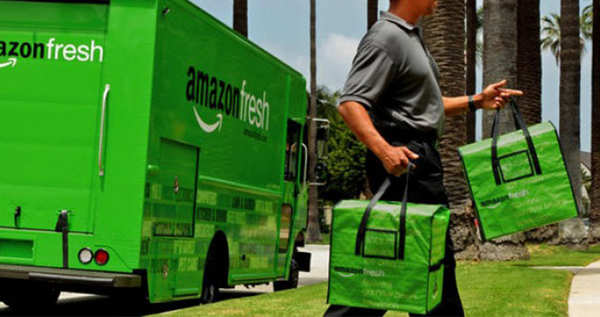 An Amazon Fresh truck delivering groceries