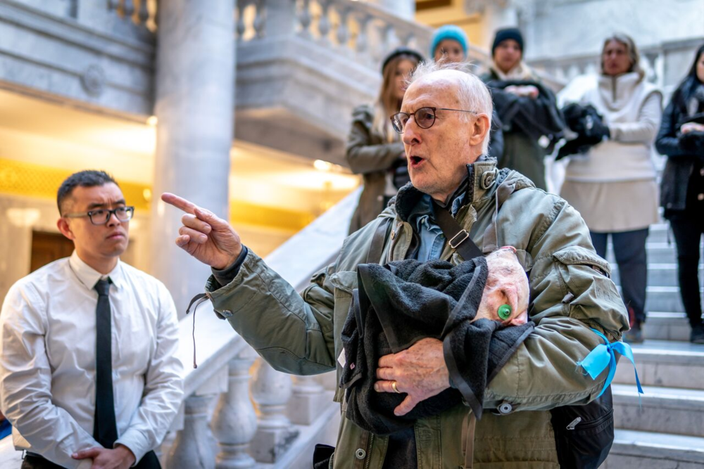 “Babe” actor James Cromwell speaks to activists and government employees inside Utah State Capitol Building.