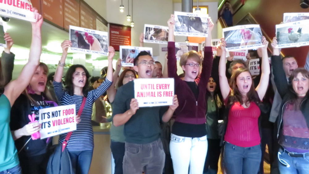 Activists unveil their signs, showing individual animals as persons, rather than things, and proclaim, "It's not Food. It's Violence."
