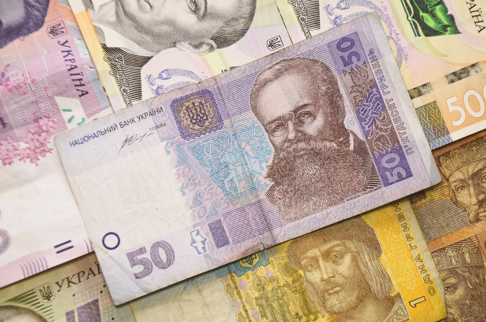 Ukrainian currency, hryvnia spread on a surface