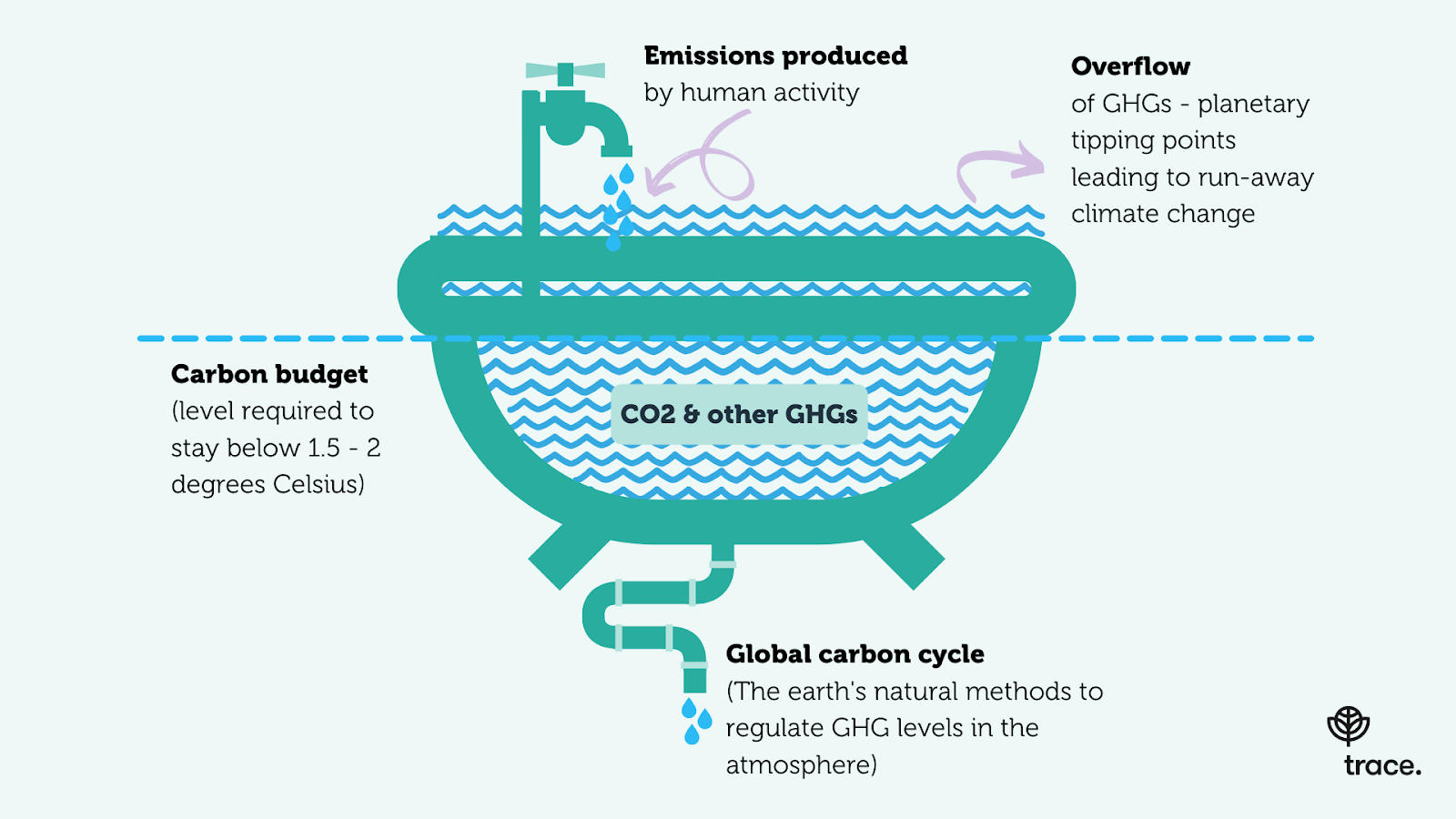 Graphic showing an overflowing bathtub, where the water coming from the tap represents the emissions produced by human activity, a blue dotted line at the top of the bath represents the earths carbon budget (the level required to stay below 1.5 - 2 degrees Celsius), the drain represents the global carbon cycle (the earth's natural methods to regulate GHG levels in the atmosphere), and the overflowing water are the GHGs causing us to reach planetary tipping points leading to run-away climate change.