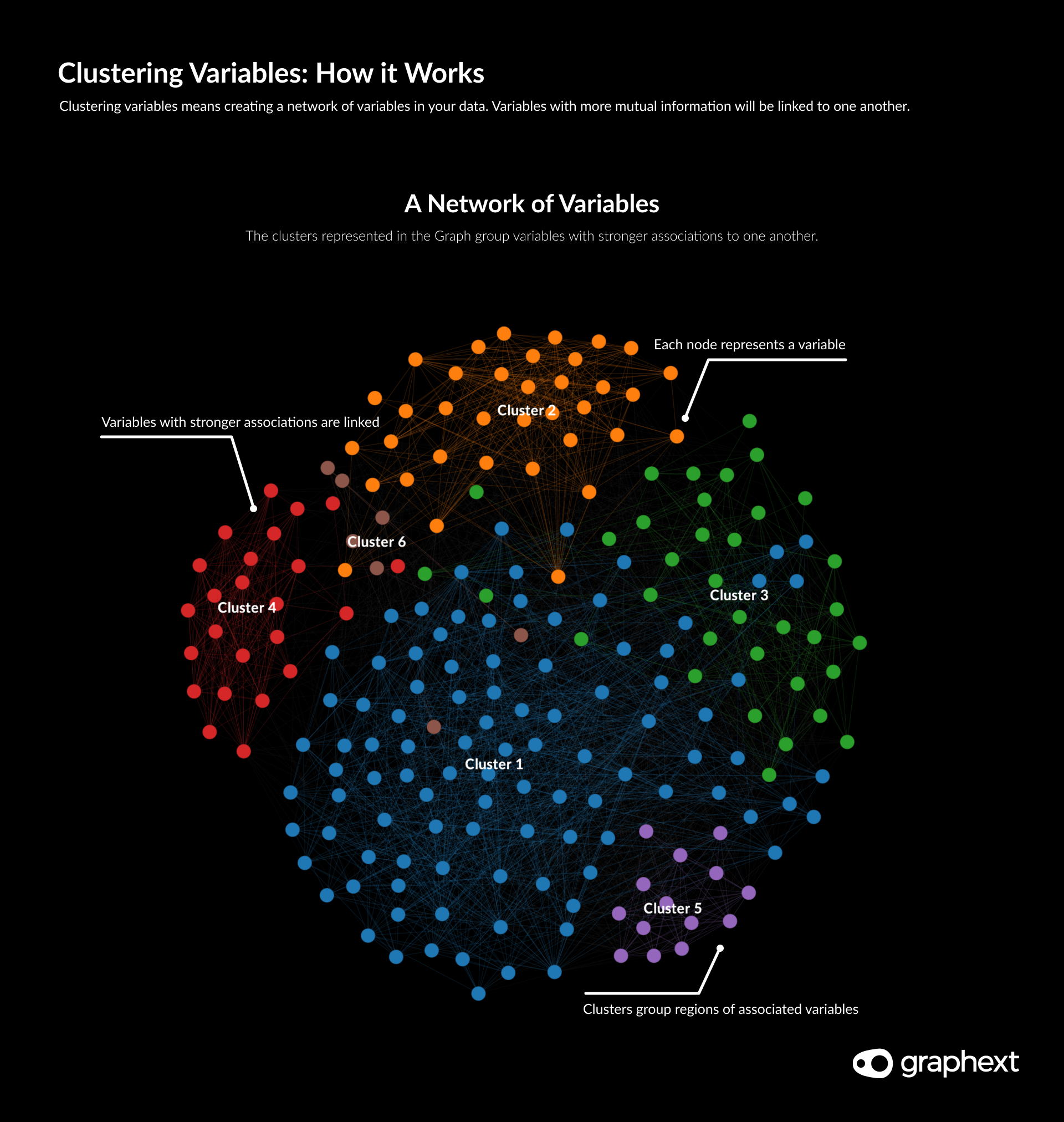 An image showing how clustering variables in Graphext creates a network of associated columns.