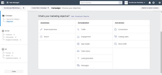 Screenshot of the first window within the Facebook Ads Manager creating a new advertising campaign. The image shows all of the marketing objective options available within the Facebook Advertising platform.