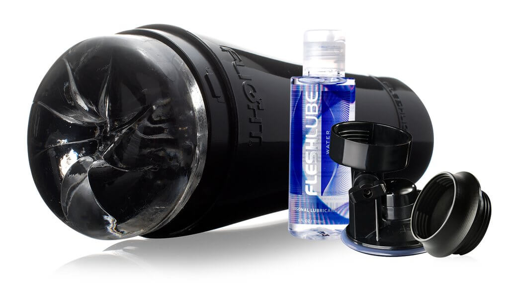 Compact black Flight case, Clear Pilot/Mini-Destroya sleeve, Fleshlight shower mount, Flight shower mount adaptor, 4 oz Fleshlube Water