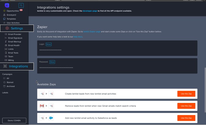 Connecter lemlist à Zapier
