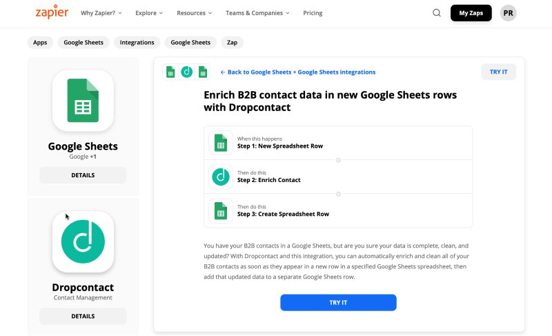 Workflow Zapier : Enrichir ses contacts B2B (dont les emails) directement dans Google Sheet